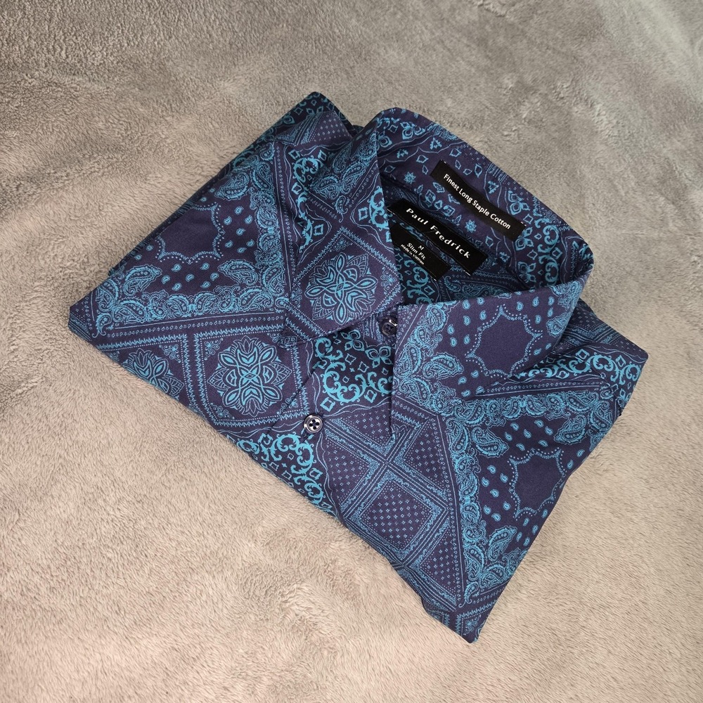 Paul Fredrick Dress Shirt Mens Medium Blue Teal Paisley Slim Fit Cotton LS